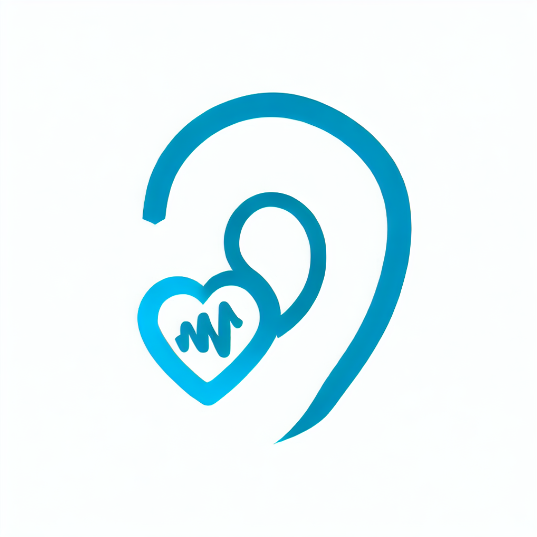 A blue to green ear image with a heart symbol just at the base of the ear lobe. The heart symbol is made of two different blue